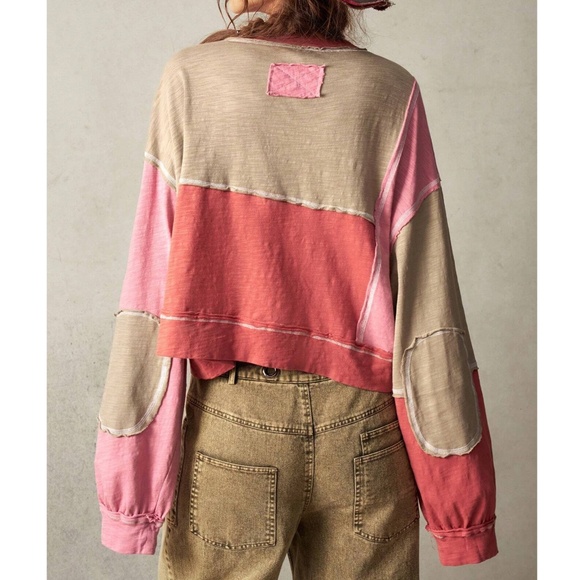 Color Block Reverse Stitch Oversized Long Sleeve Top - Picture 3 of 7